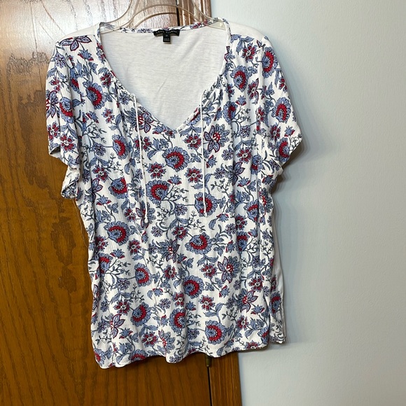 LANE BRYANT UEC Women’s Sz 14 pattern mixed media short sleeve shirt top white - Picture 2 of 10